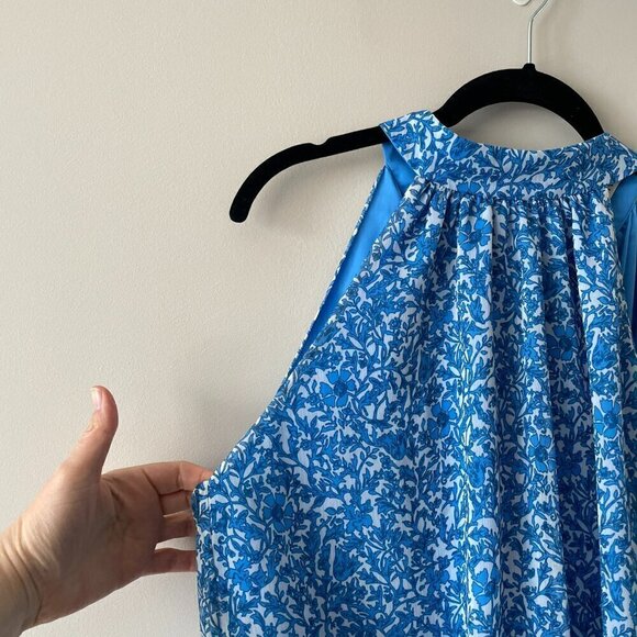 Alice + Olivia Maris Floral Print Lined Tie Halter Neck Blouse Blue White Medium - Picture 4 of 9